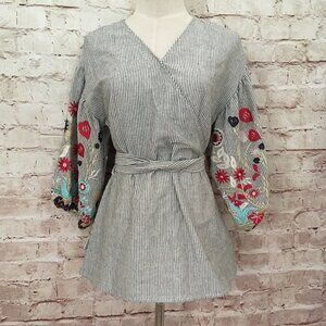 RD & KoKo Gray Striped Wrap Top Blouse Floral Embroidered Pouf Sleeves Size S